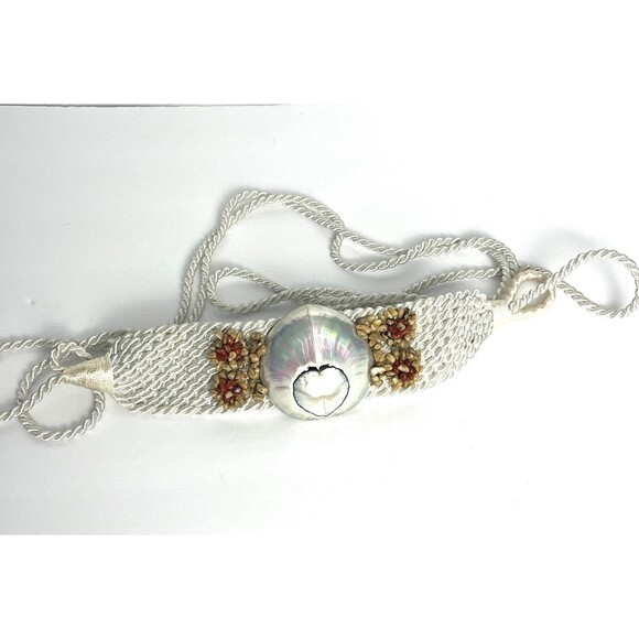 Seashell Rope Tie Belt Vintage 80s White Iridescent Bead Adjustable Hippie Beach - Picture 2 of 3